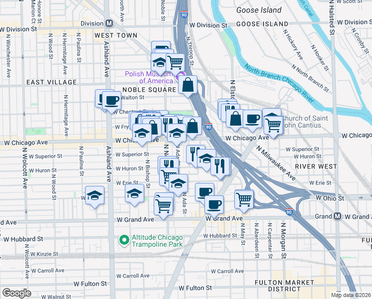 map of restaurants, bars, coffee shops, grocery stores, and more near 721 North Throop Street in Chicago
