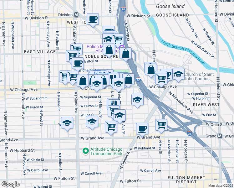 map of restaurants, bars, coffee shops, grocery stores, and more near 720 North Ada Street in Chicago