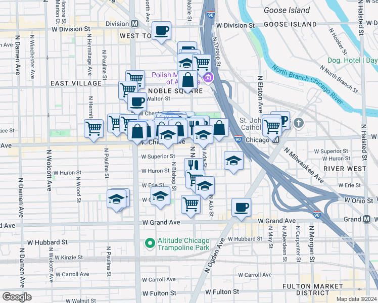 map of restaurants, bars, coffee shops, grocery stores, and more near 1413 West Superior Street in Chicago