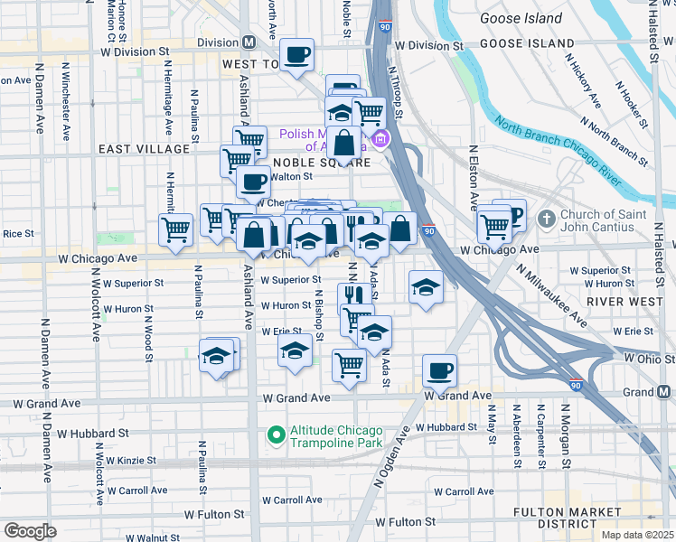 map of restaurants, bars, coffee shops, grocery stores, and more near 1413 West Superior Street in Chicago