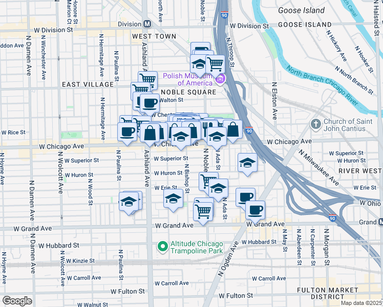 map of restaurants, bars, coffee shops, grocery stores, and more near 1413 West Superior Street in Chicago