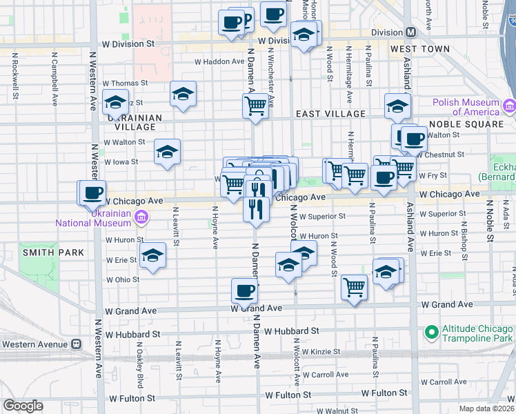 map of restaurants, bars, coffee shops, grocery stores, and more near 1948 West Superior Street in Chicago