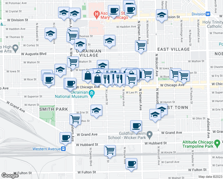 map of restaurants, bars, coffee shops, grocery stores, and more near 2136 West Superior Street in Chicago