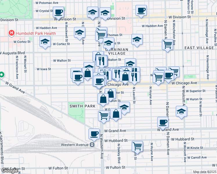 map of restaurants, bars, coffee shops, grocery stores, and more near 2326 West Superior Street in Chicago