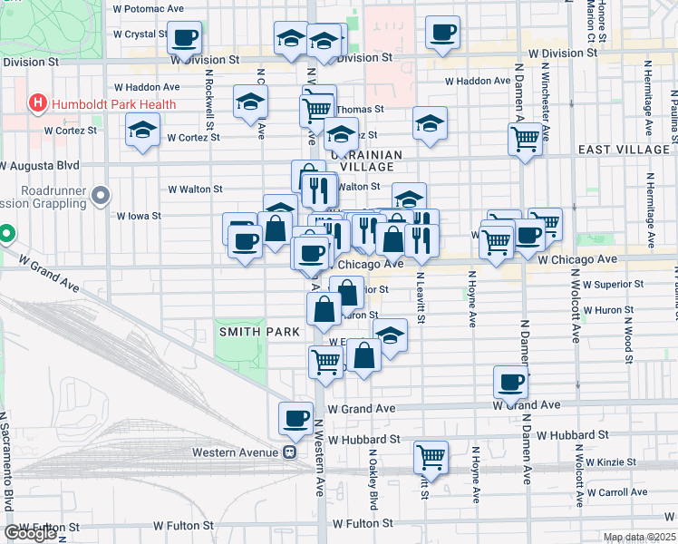 map of restaurants, bars, coffee shops, grocery stores, and more near 2326 West Superior Street in Chicago