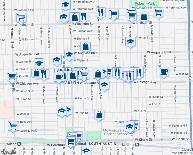 map of restaurants, bars, coffee shops, grocery stores, and more near 5430 West Chicago Avenue in Chicago