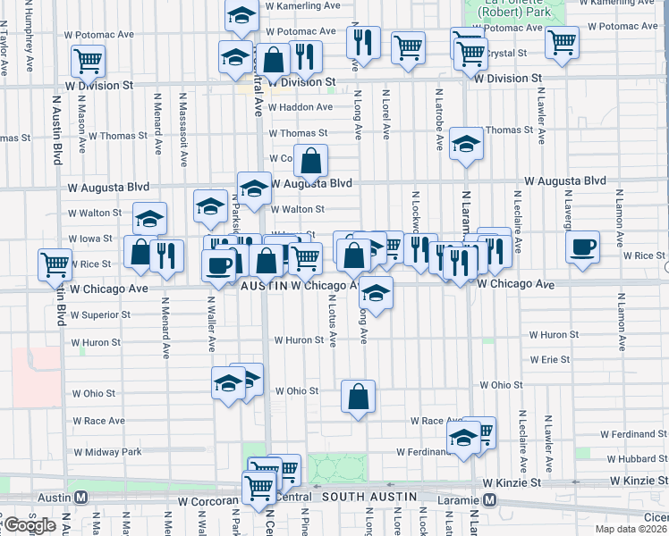 map of restaurants, bars, coffee shops, grocery stores, and more near 5430 West Chicago Avenue in Chicago