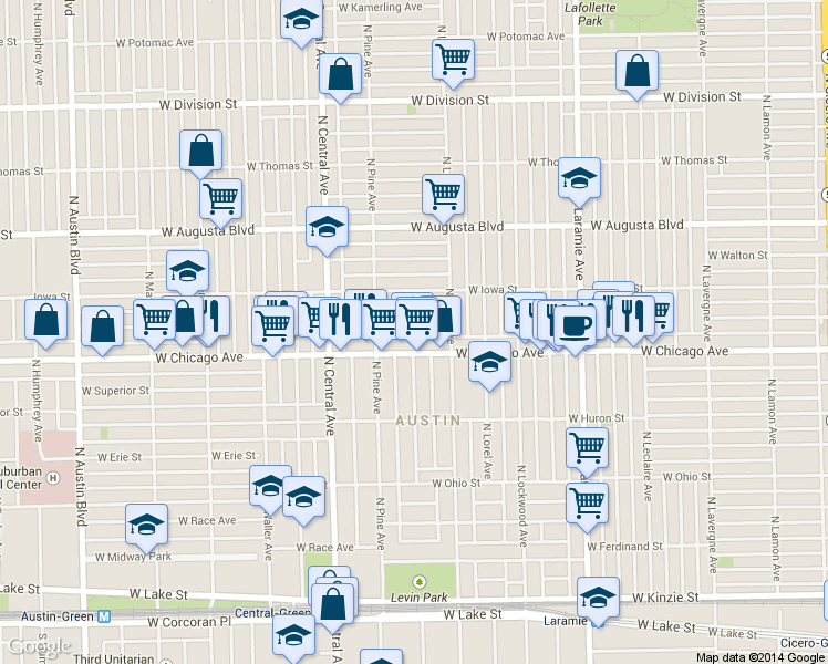 map of restaurants, bars, coffee shops, grocery stores, and more near 5430 West Chicago Avenue in Chicago