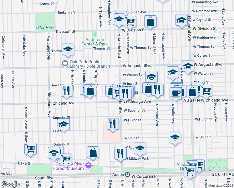 map of restaurants, bars, coffee shops, grocery stores, and more near in Oak Park
