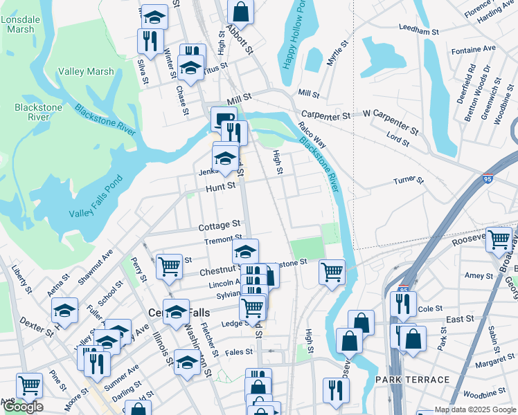 map of restaurants, bars, coffee shops, grocery stores, and more near 8 Cottage Street in Central Falls