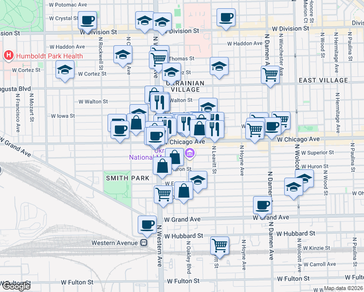 map of restaurants, bars, coffee shops, grocery stores, and more near 2305 West Chicago Avenue in Chicago