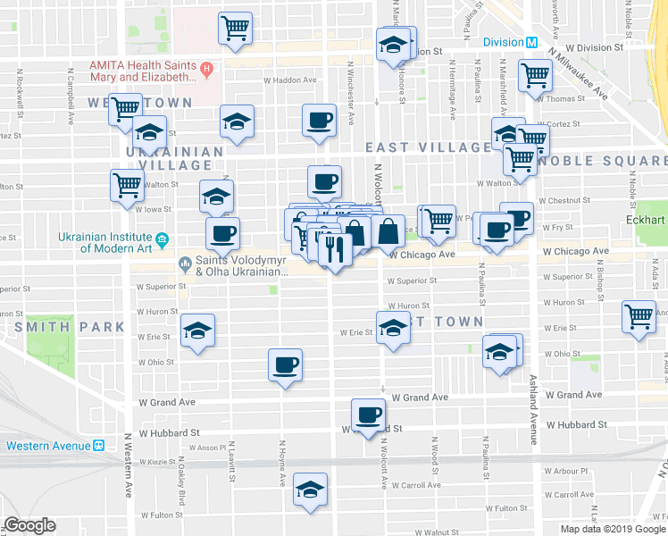 map of restaurants, bars, coffee shops, grocery stores, and more near 1948 West Superior Street in Chicago
