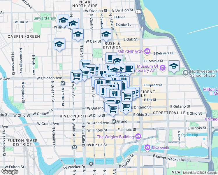 map of restaurants, bars, coffee shops, grocery stores, and more near 700 North State Street in Chicago