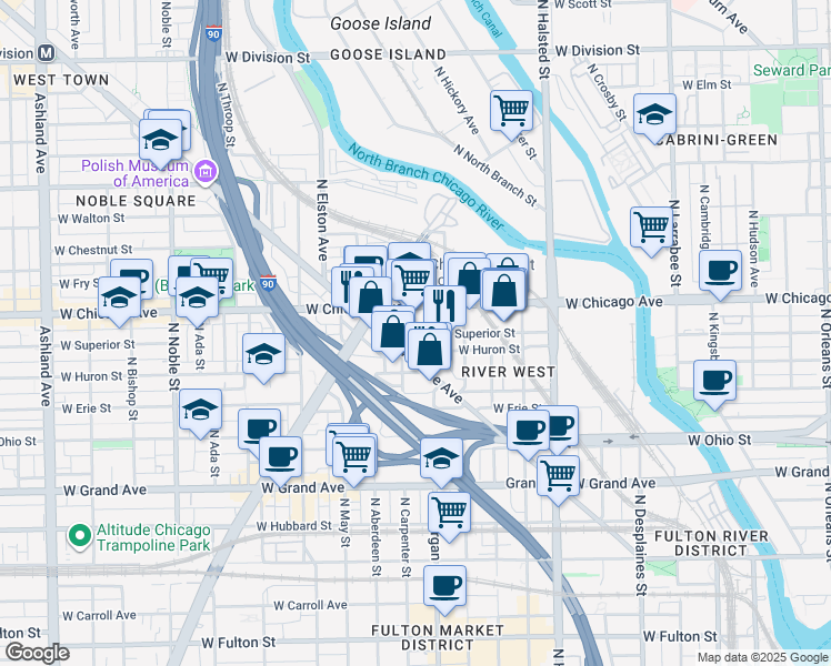 map of restaurants, bars, coffee shops, grocery stores, and more near 957 West Huron Street in Chicago