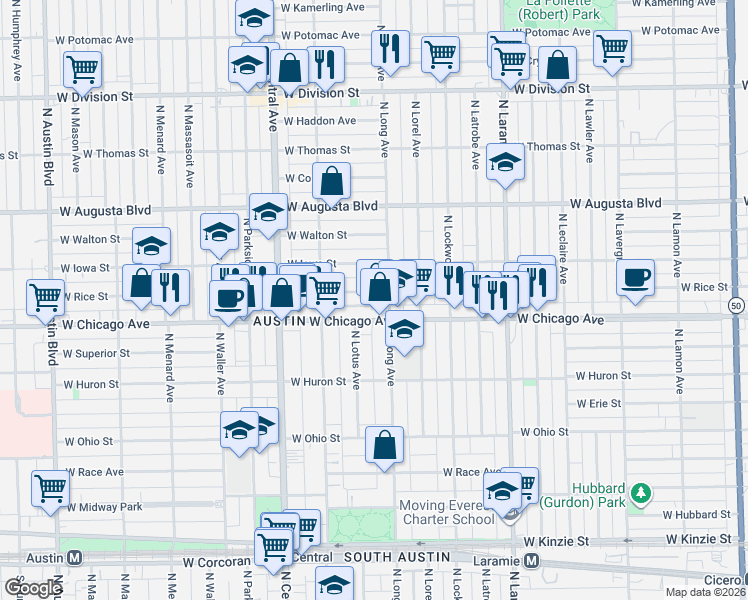 map of restaurants, bars, coffee shops, grocery stores, and more near 5430 West Chicago Avenue in Chicago