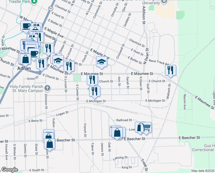 map of restaurants, bars, coffee shops, grocery stores, and more near 904 Frank Street in Adrian