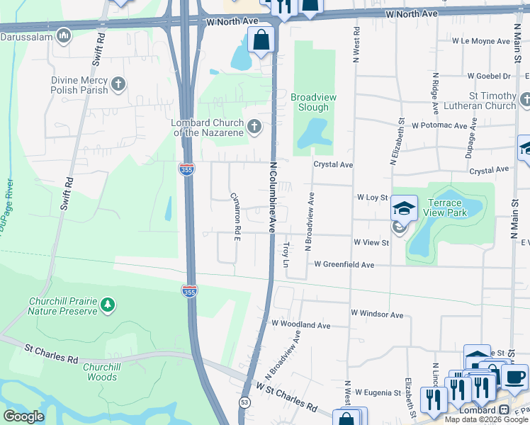 map of restaurants, bars, coffee shops, grocery stores, and more near 611 Glenwood Lane in Lombard
