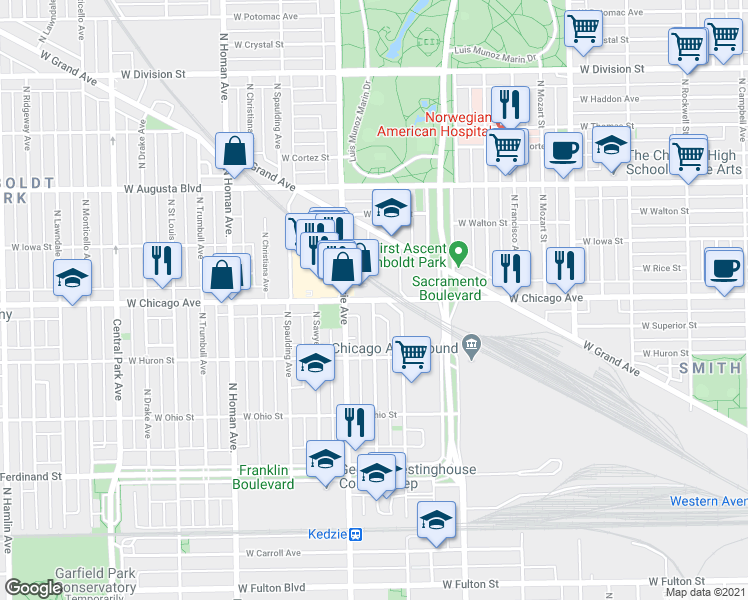 map of restaurants, bars, coffee shops, grocery stores, and more near W Chicago Ave & N Troy St in Chicago
