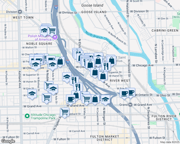 map of restaurants, bars, coffee shops, grocery stores, and more near 768 North Milwaukee Avenue in Chicago