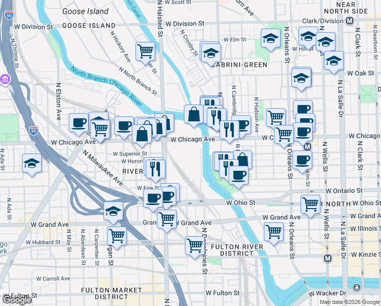 map of restaurants, bars, coffee shops, grocery stores, and more near 737 West Chicago Avenue in Chicago
