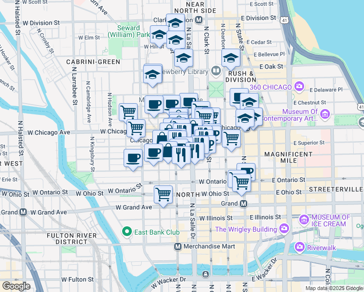 map of restaurants, bars, coffee shops, grocery stores, and more near 165 West Superior Street in Chicago