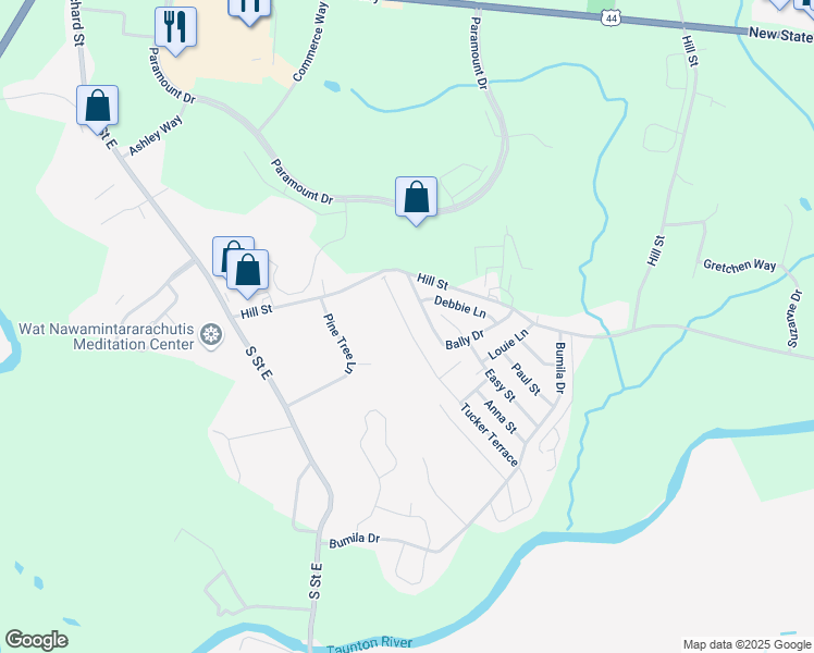map of restaurants, bars, coffee shops, grocery stores, and more near 38 Tucker Terrace in Raynham