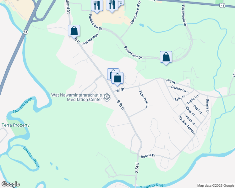 map of restaurants, bars, coffee shops, grocery stores, and more near 359 South Street East in Raynham