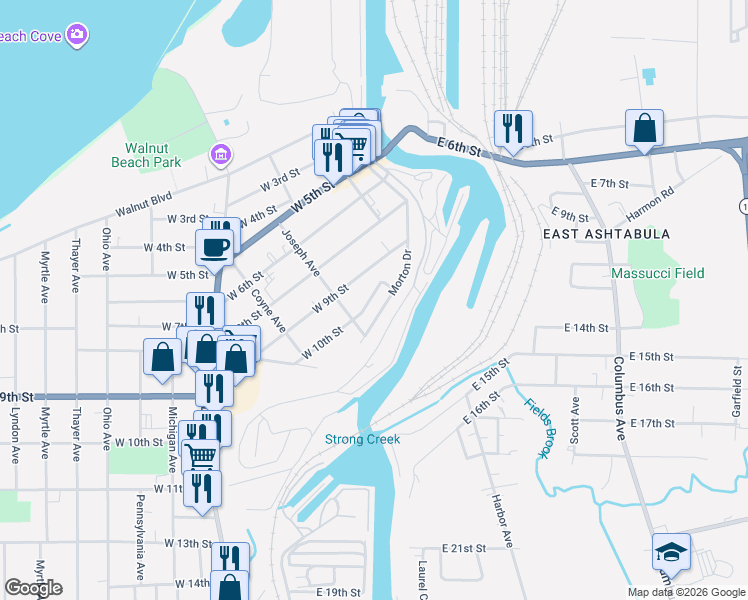 map of restaurants, bars, coffee shops, grocery stores, and more near 1221 Morton Drive in Ashtabula