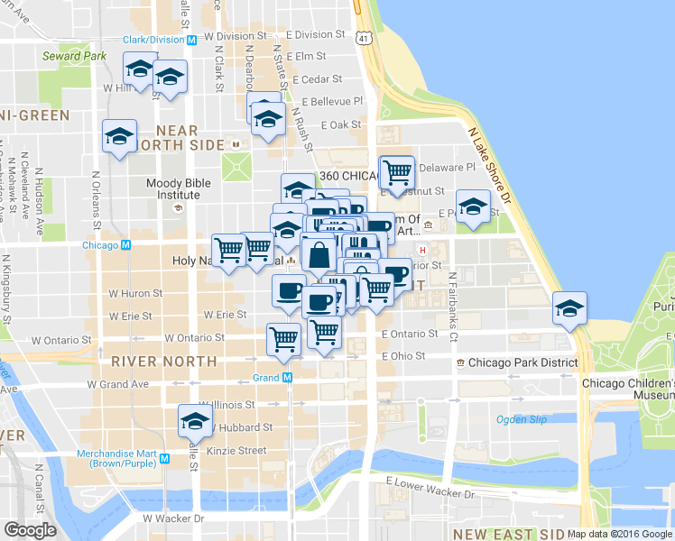 map of restaurants, bars, coffee shops, grocery stores, and more near in Chicago