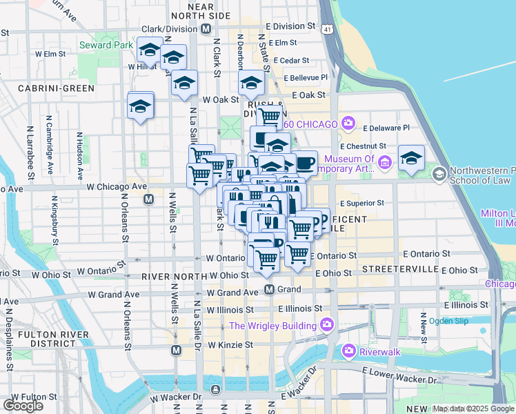 map of restaurants, bars, coffee shops, grocery stores, and more near 700 North State Street in Chicago