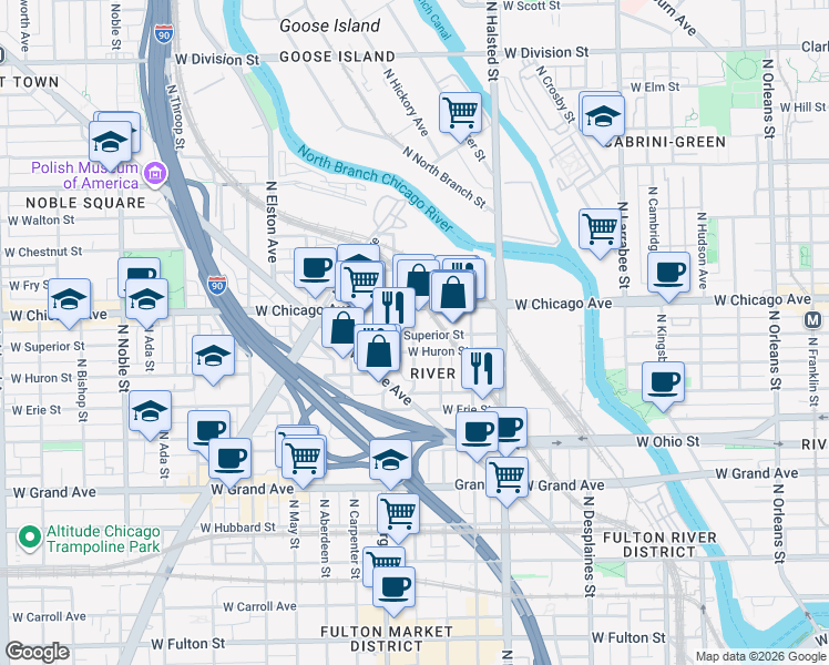 map of restaurants, bars, coffee shops, grocery stores, and more near 925 West Huron Street in Chicago