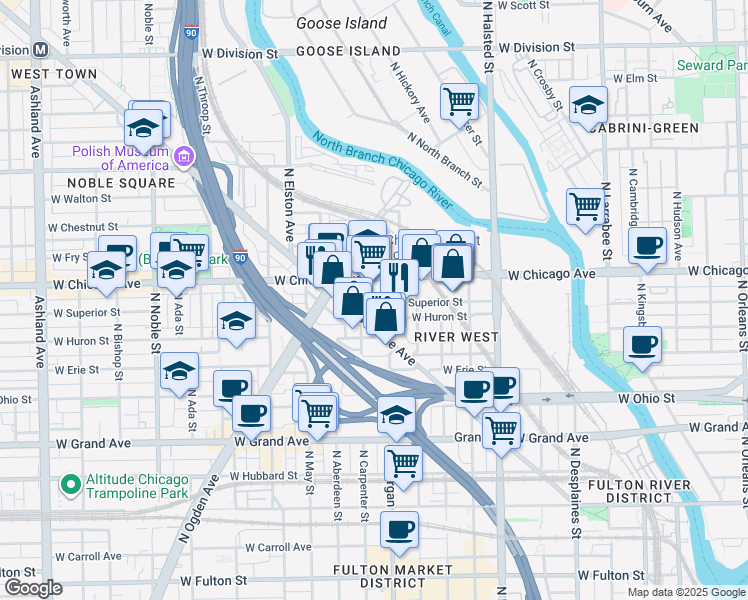 map of restaurants, bars, coffee shops, grocery stores, and more near 957 West Huron Street in Chicago