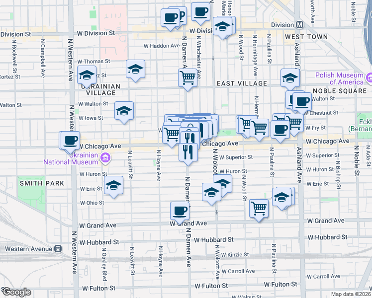 map of restaurants, bars, coffee shops, grocery stores, and more near 1948 West Superior Street in Chicago