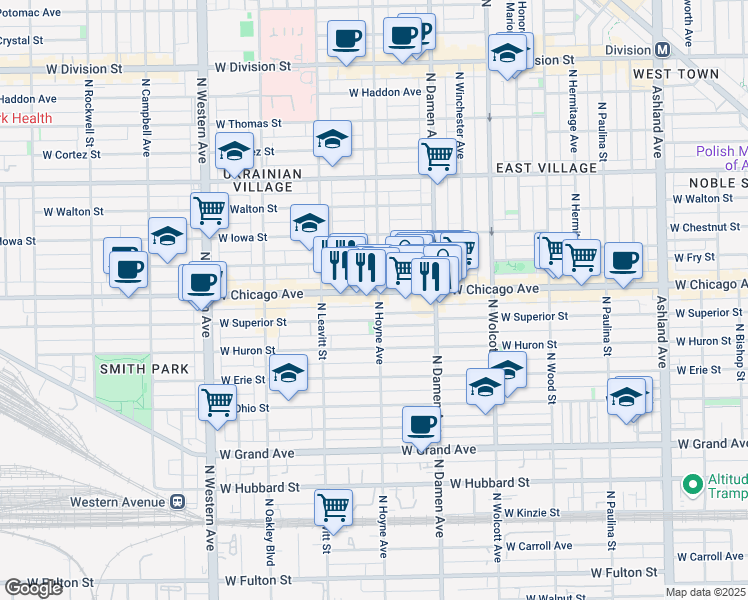 map of restaurants, bars, coffee shops, grocery stores, and more near 2100 West Superior Street in Chicago