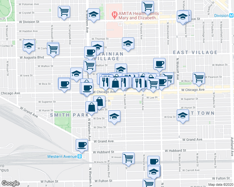 map of restaurants, bars, coffee shops, grocery stores, and more near 2216 West Superior Street in Chicago