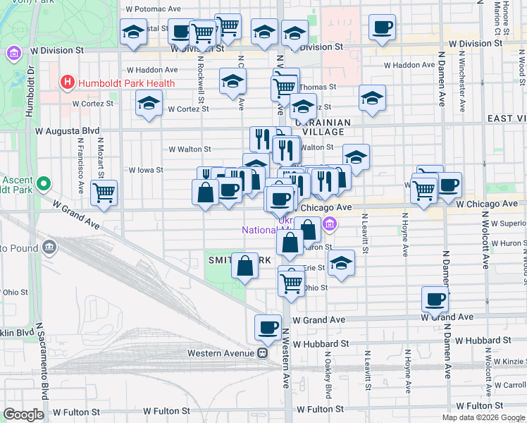 map of restaurants, bars, coffee shops, grocery stores, and more near 2440 West Superior Street in Chicago