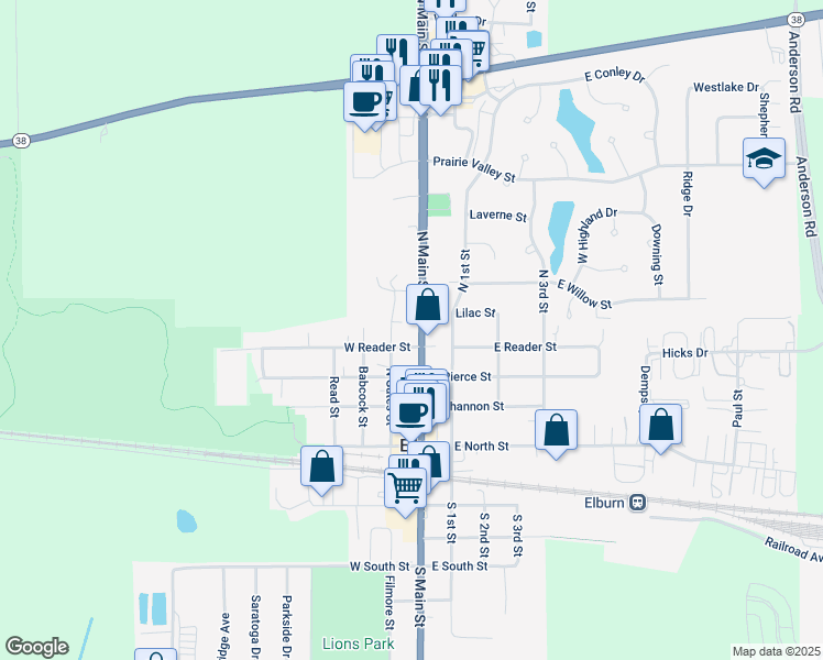map of restaurants, bars, coffee shops, grocery stores, and more near 314 North Main Street in Elburn