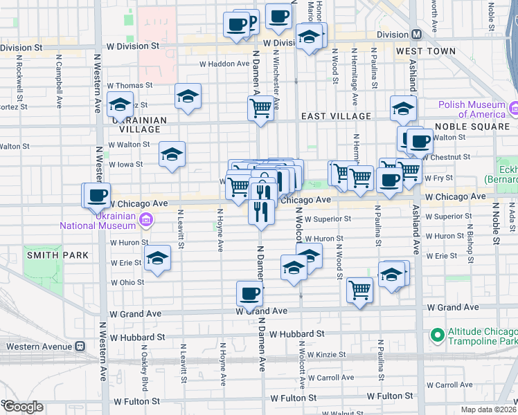 map of restaurants, bars, coffee shops, grocery stores, and more near 1948 West Superior Street in Chicago