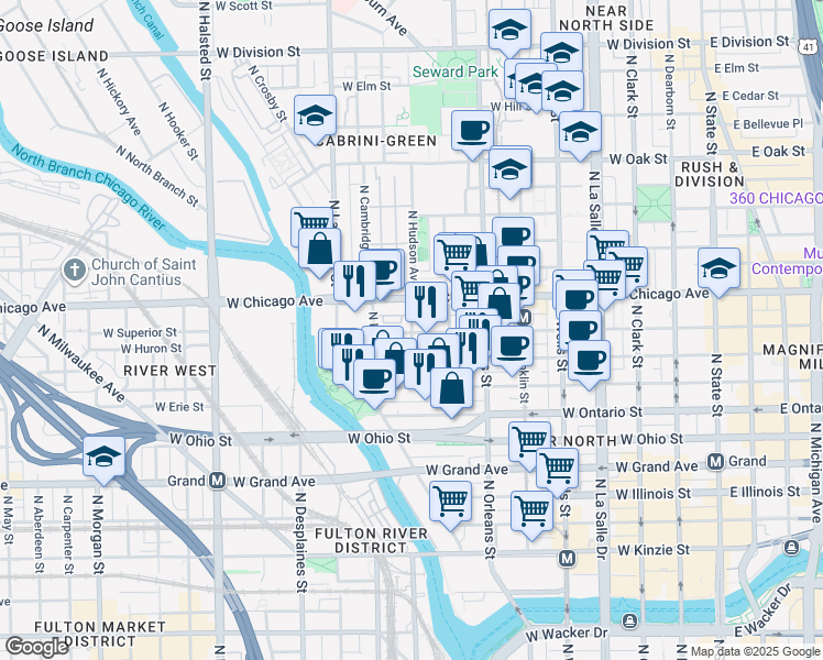 map of restaurants, bars, coffee shops, grocery stores, and more near 448 West Huron Street in Chicago