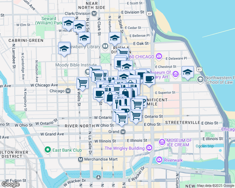 map of restaurants, bars, coffee shops, grocery stores, and more near 1 West Superior Street in Chicago