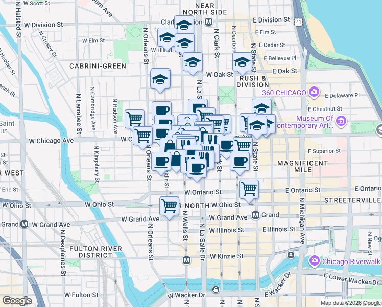 map of restaurants, bars, coffee shops, grocery stores, and more near 700 North LaSalle Drive in Chicago