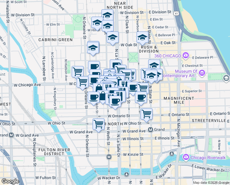 map of restaurants, bars, coffee shops, grocery stores, and more near 700 North LaSalle Drive in Chicago