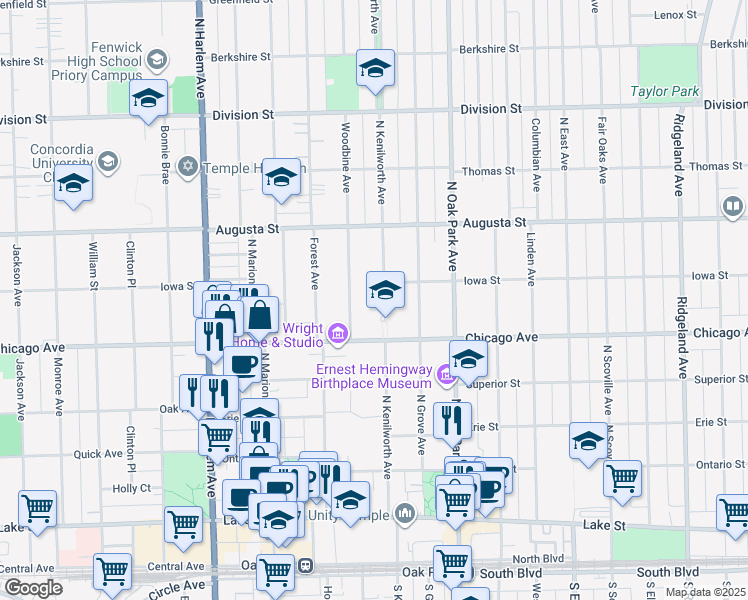 map of restaurants, bars, coffee shops, grocery stores, and more near 900 Chicago Avenue in Oak Park