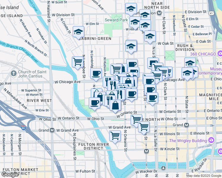 map of restaurants, bars, coffee shops, grocery stores, and more near 400 West Superior Street in Chicago