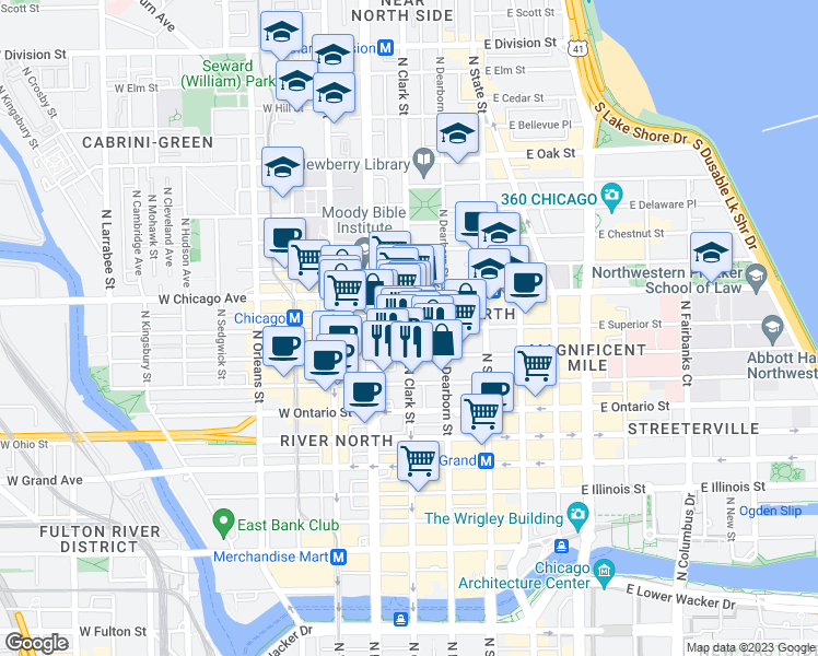 map of restaurants, bars, coffee shops, grocery stores, and more near N Clark St & W Superior St in Chicago