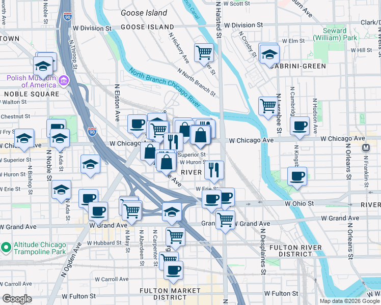 map of restaurants, bars, coffee shops, grocery stores, and more near 925 West Huron Street in Chicago