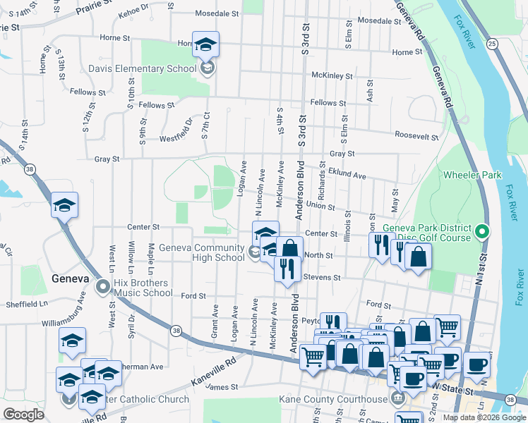 map of restaurants, bars, coffee shops, grocery stores, and more near 629 North Lincoln Avenue in Geneva