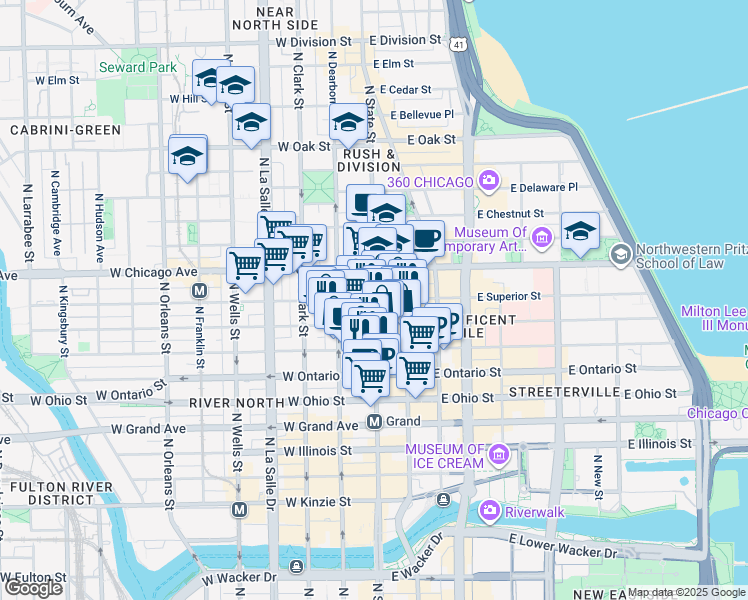 map of restaurants, bars, coffee shops, grocery stores, and more near North State Street & West Superior Street in Chicago
