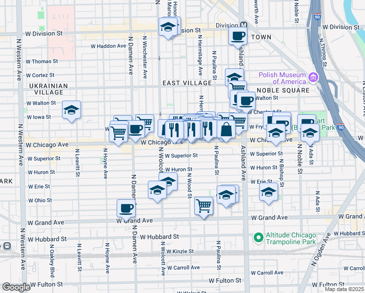 map of restaurants, bars, coffee shops, grocery stores, and more near 1759 West Superior Street in Chicago