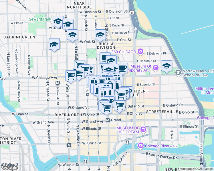 map of restaurants, bars, coffee shops, grocery stores, and more near 3 West Superior Street in Chicago